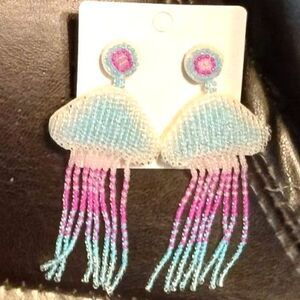 Pastel Rice Beads Jellyfish Dangling Earrings Blue Pink Purple About 3"